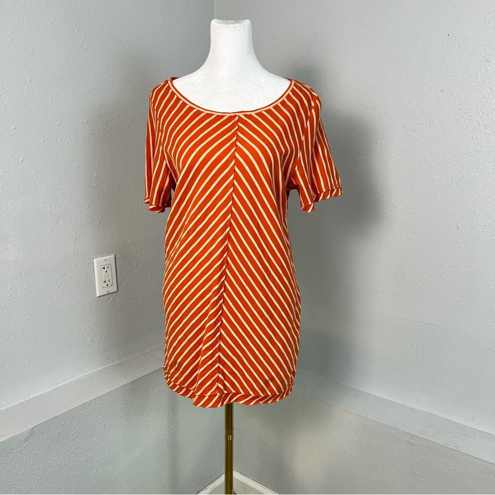 Soft Surroundings Leslie Short Sleeve Raw Hem Orange Stripped Pima Cotton Small